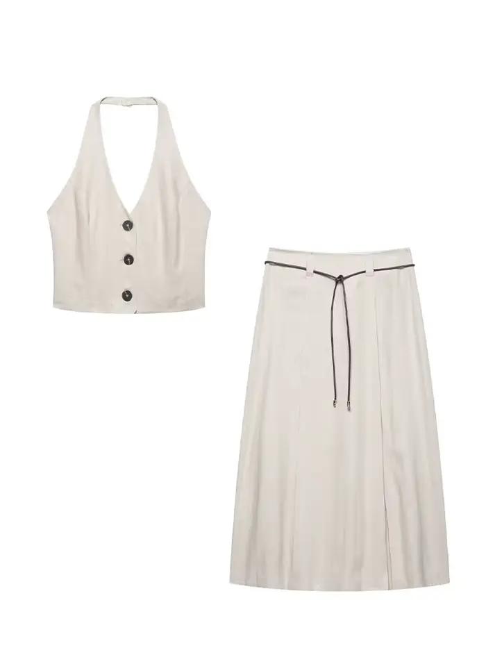 HH femmes jupe ensemble col en v simple boutonnage solide court gilet haut + mode taille haute fermeture éclair ourlet