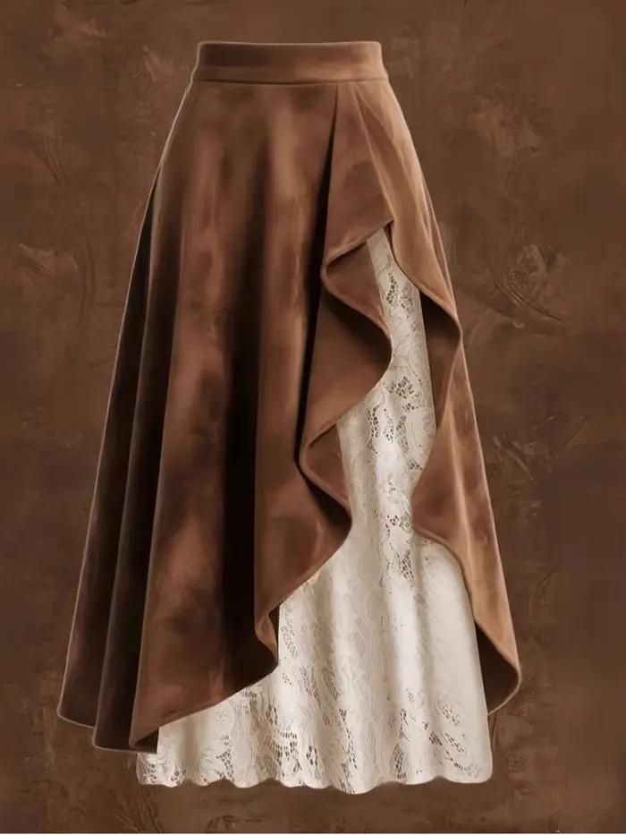 Jupe mi-longue en daim marron pour femme