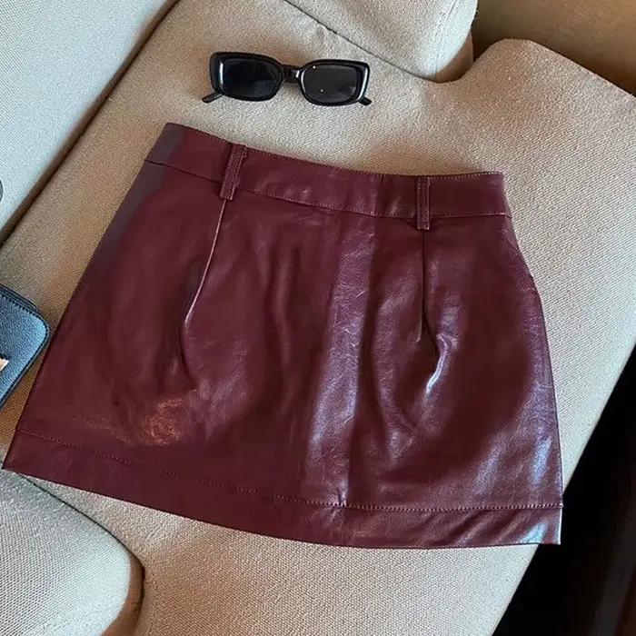 Vin rouge PU jupes en cuir pour femmes Sexy Clubwear hanche enveloppé