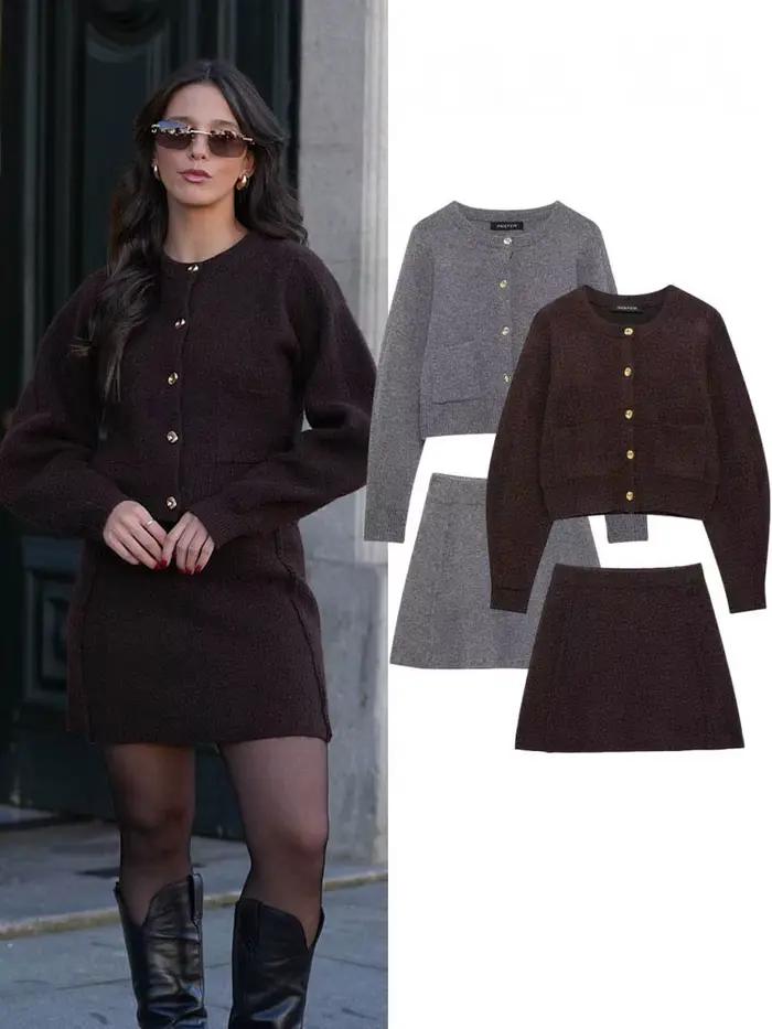 HH femmes jupe costume Chic col rond tricoté à manches longues simple boutonnage poche Cardigan + mode taille élastique