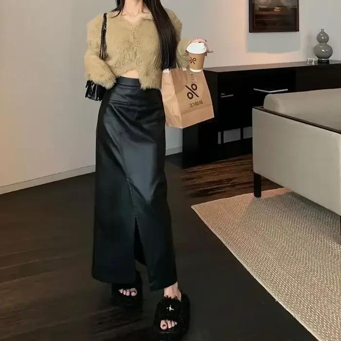 Jupe longue fendue en cuir PU noir taille haute pour femme