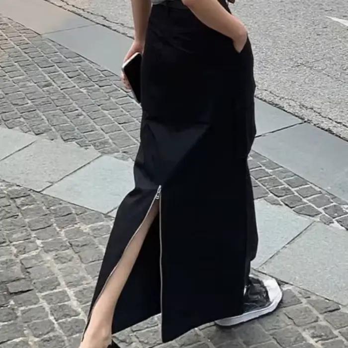 Jupe redingote noire femme 2025 printemps et été taille haute mince fendue