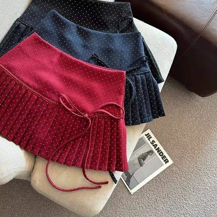 Jupe plissée à pois pour femmes, jupe rouge avec nœud papillon, un mot, 2026