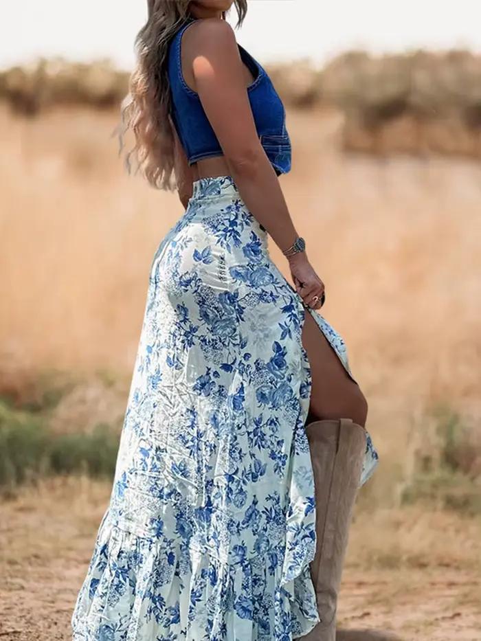 Jupe longue florale blanche et bleue pour femme