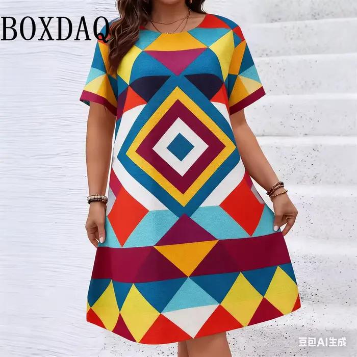 Robes à motifs géométriques et floraux de style ethnique pour femmes, collection été 2026, mode grande taille, robe imprimée à manches courtes, décontractée, rétro, ample