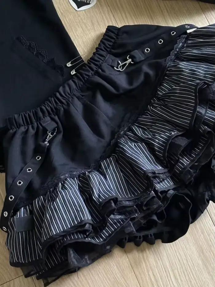 Harajuku filles rayure Punk Grunge jupes femmes Y2k esthétique taille haute gâteau Mini Streetwear dentelle Vintage