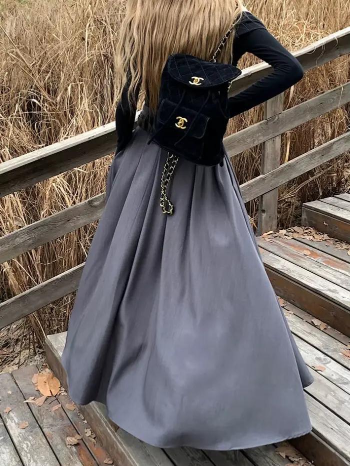 Qiukichonson gris Midi jupes longues femmes Maxi jupe 2023 automne hiver costume
