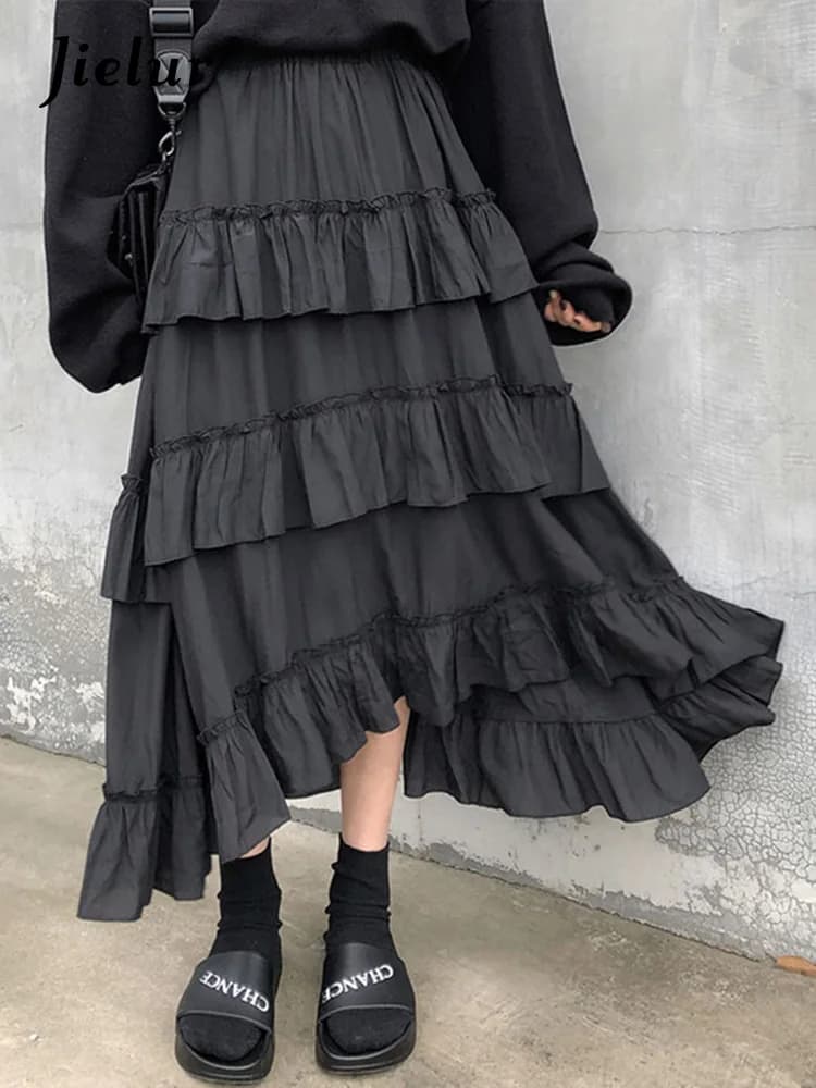 Jupes mi-longues pour femmes, jupe maxi gothique Lolita, taille haute, bas, froncé, volants, été