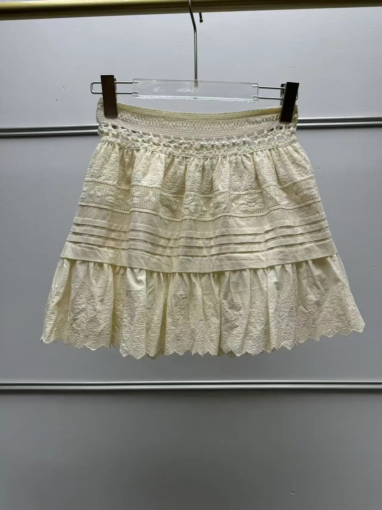 Jupe plissée pour femme 100% coton, multi-couches, mini, nouvelle collection été, avec dentelle ajou