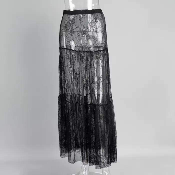 Jupe longue en dentelle noire 2026 – Nouvelle collection été, sexy, transparente, style unique et él
