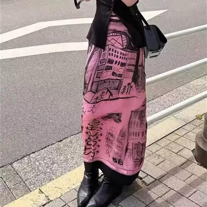 Aoaiiys jupe coréenne femmes Graffiti imprimé motif rose jupes 2026 mode taille haute fente coupe a-