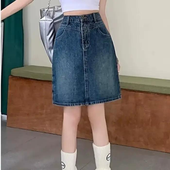 Mini jupe en Denim délavé rétro, taille haute, amincissante, ligne a, demi-corps, jupe enveloppante,