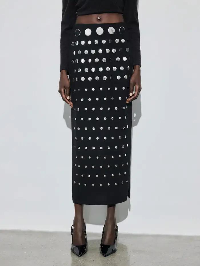 Jupe mi-longue noire à strass thermocollés résistants, avec rivets, vêtements féminins tendance, à p