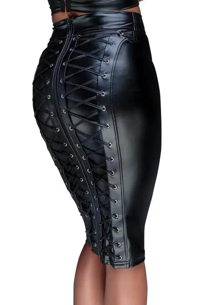 Jupe crayon zippée à lacets en cuir pour femme, robe Steampunk