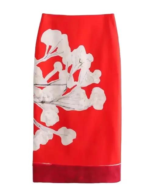 Jupe imprimée vintage taille haute pour femme Jupe MIDI tube droit mélange de lin pour femme