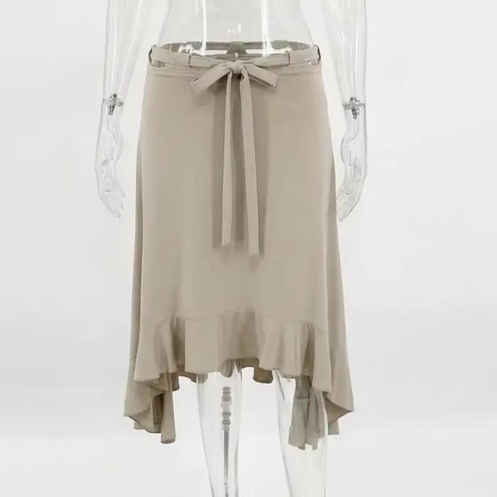 Jupe longue kaki Y2K taille basse découpée pour femme, asymétrique à volants froncés et à nouer, sty