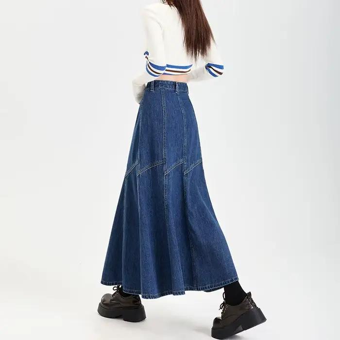 Femmes bleu a-ligne Denim jupe Vintage esthétique Y2k Patchwork nouvelle Jean jupe Harajuku coréen C