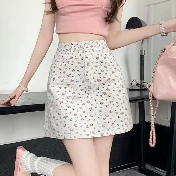 Mini jupe trapèze en denim à fleurs pour femmes, taille haute, mode coréenne, rajeunissante, été
