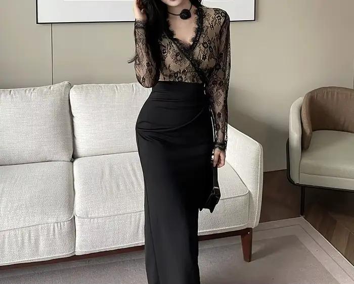 Robe noire en dentelle Patchwork à manches longues pour femmes, robe moulante accentée à la taille,