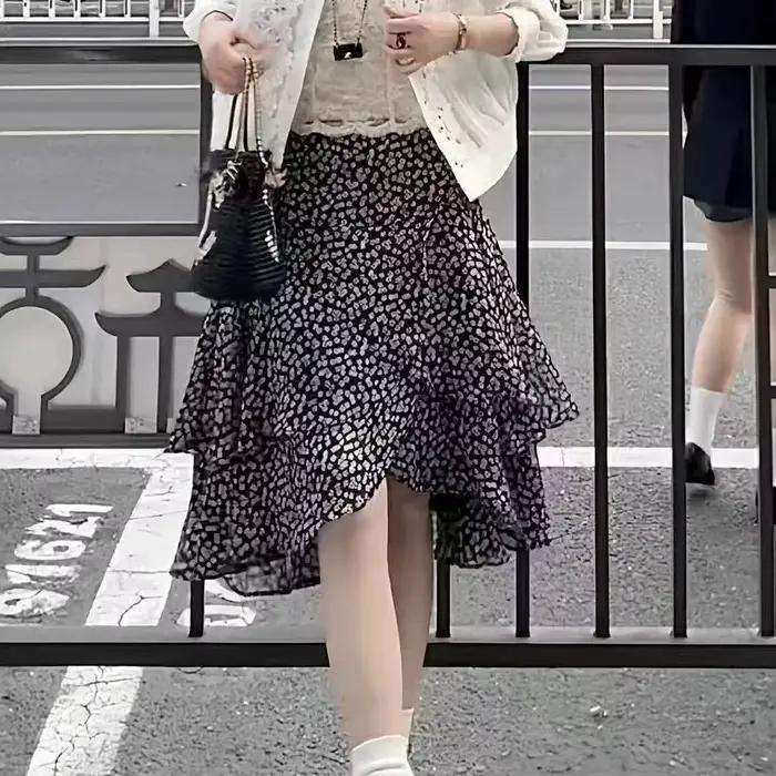 Jupe midi superposée à imprimé floral et ourlet irrégulier pour femme
