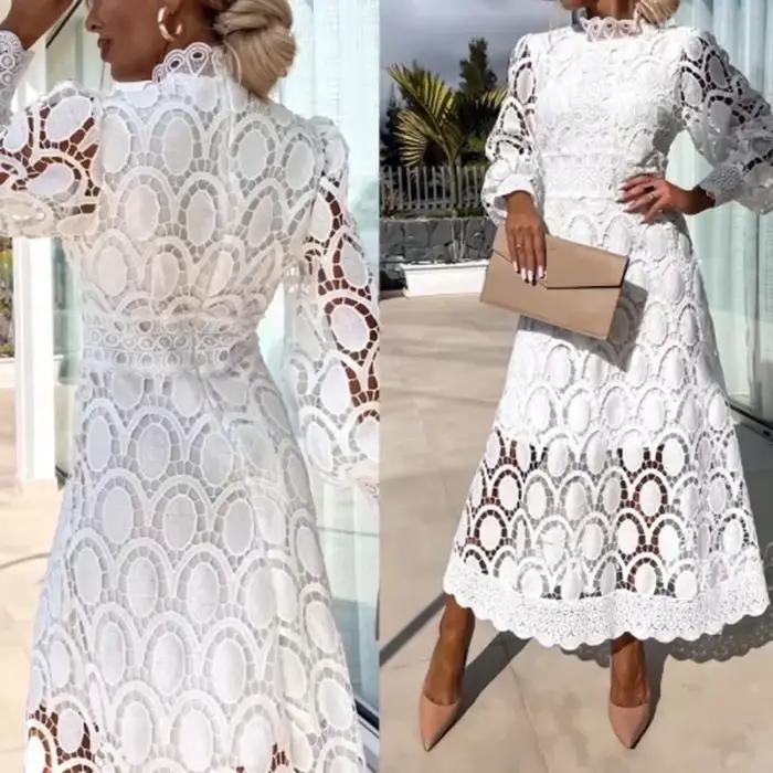 Jupes de Style Britannique Élégantes à Col Montant pour Femme, Robe en Dentelle Française à Manches