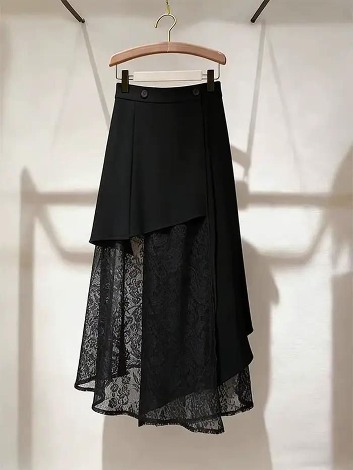 Jupe longue trapèze noire asymétrique à taille haute avec dentelle, design élégant, pour femme, coll