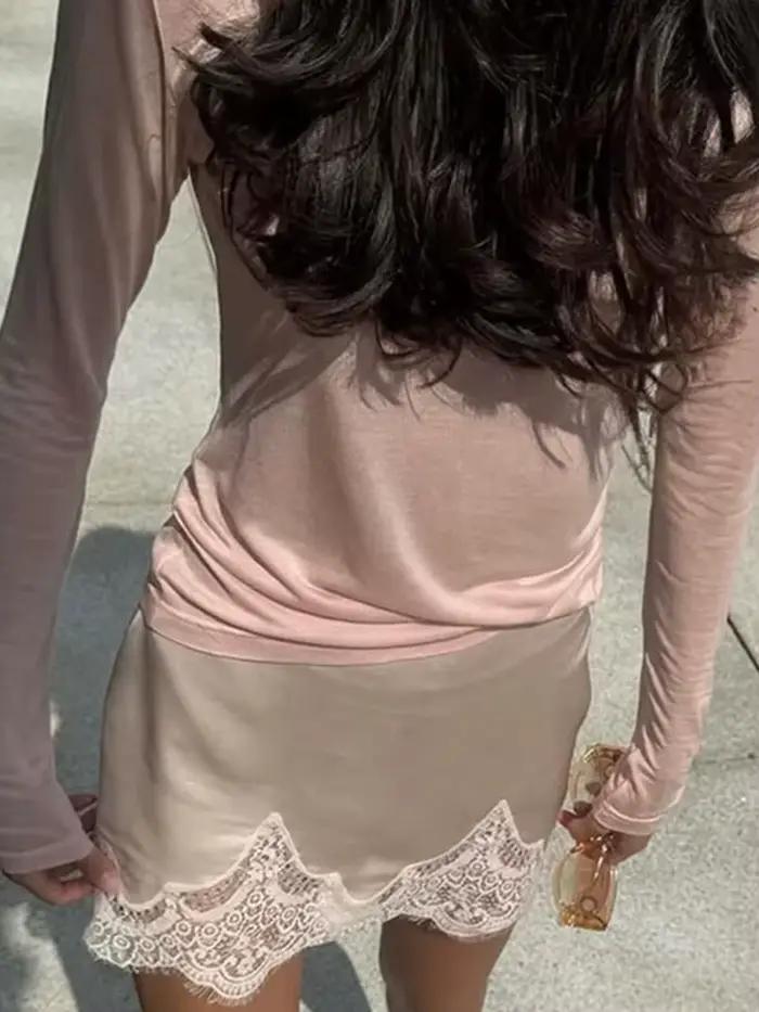 Dames Satin dentelle jupe taille haute Mini une ligne épissé courte été automne élégant Streetwear f