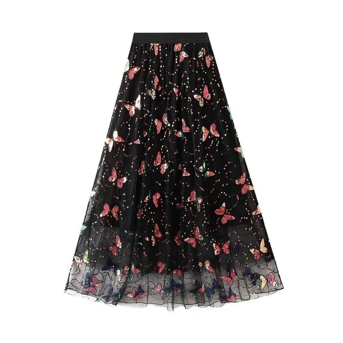 Jupe longue en Tulle à paillettes et papillons pour femmes, Design de mode de printemps, ligne A, ta