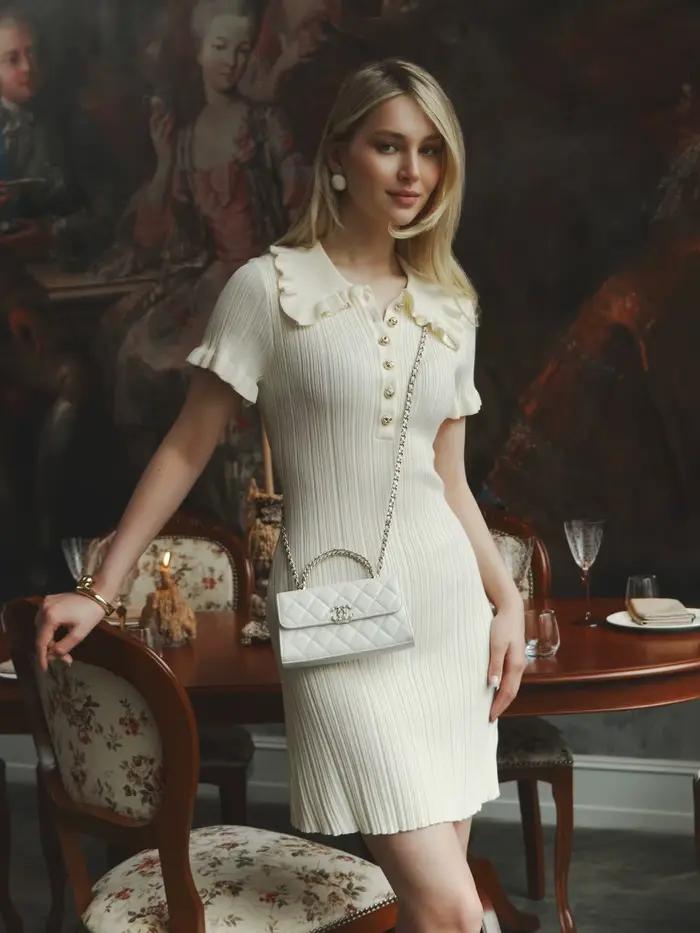 Élégant tricoté volants robe courte avec manches Vintage décontracté courbé taille haute Mini robes