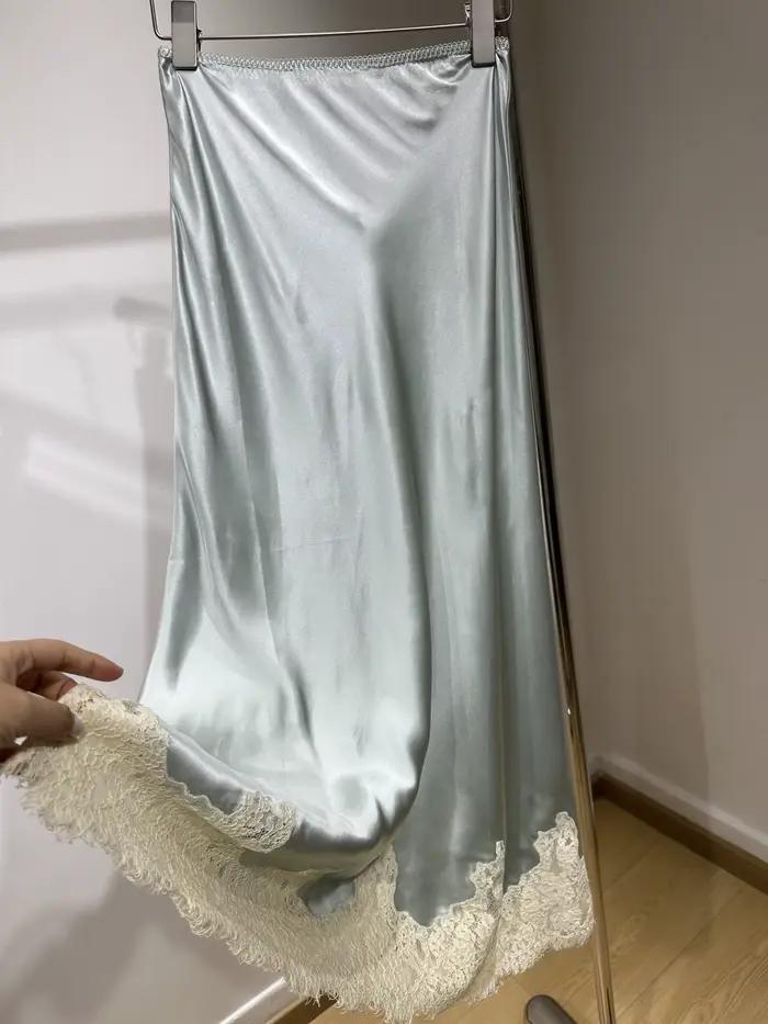 Jupe midi élégante pour femme en dentelle brodée, 100% soie, taille élastique, coupe trapèze