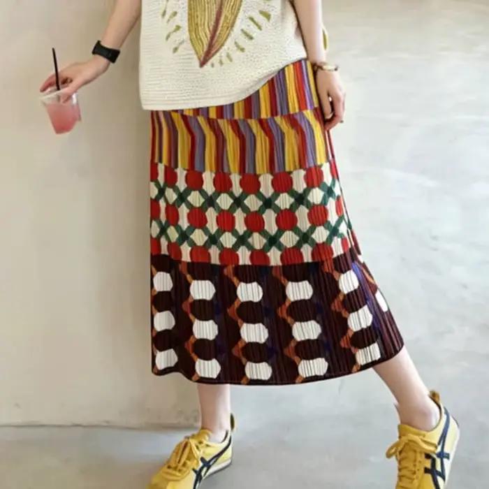 Jupe longue plissée Miyake géométrique color-block, nouvelle collection été 2026, vintage, colorée,