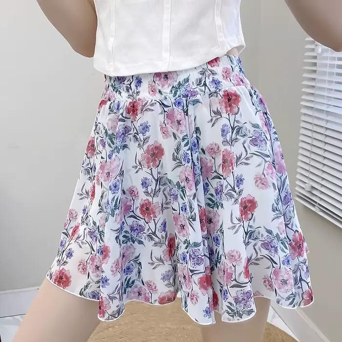Nouvelles jupes en mousseline 2026 pour femmes – Mini-jupe décontractée d'été à petits motifs florau