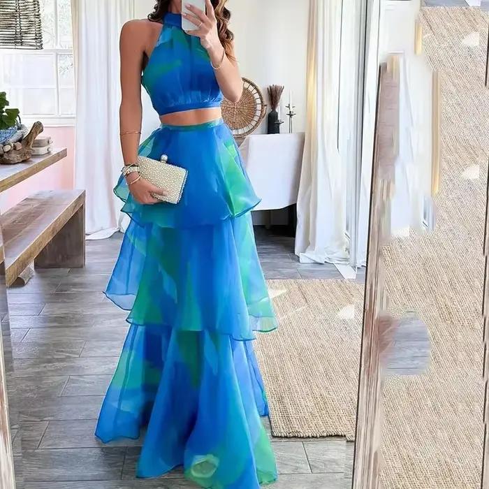 Ensemble de jupe longue en forme de gâteau pour femmes, robe courte imprimée sexy, taille haute, jup