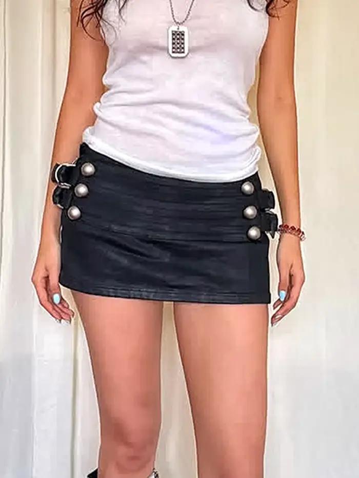 Kliou Double-Breasted Design Mini Jupe Femme D'été Tendance Anneaux En Métal Patchwork Taille Élasti