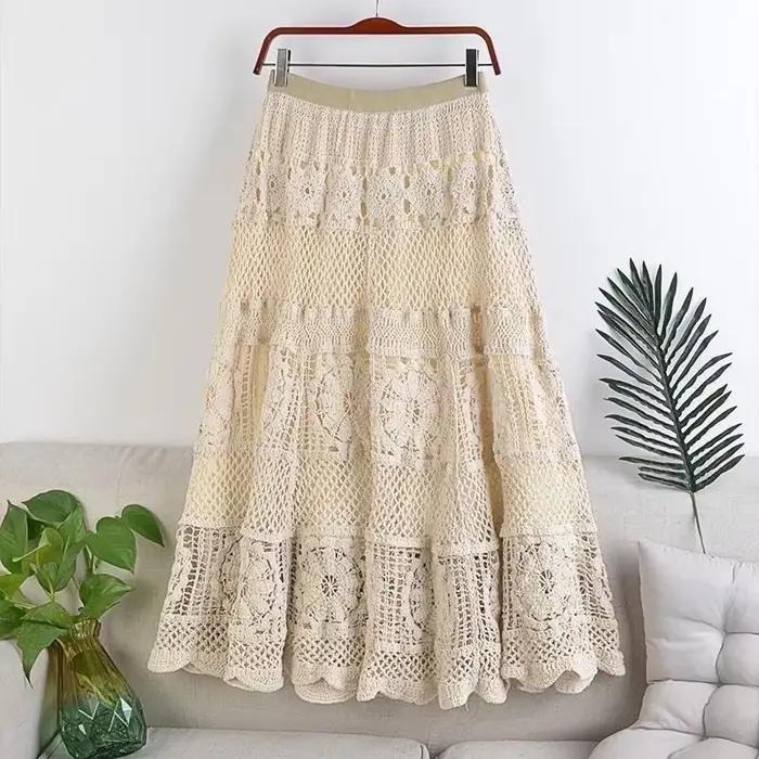 Soldes de printemps : Nouvelle jupe midi trapèze amincissante pour femme, mode féminine, ajourée, ta