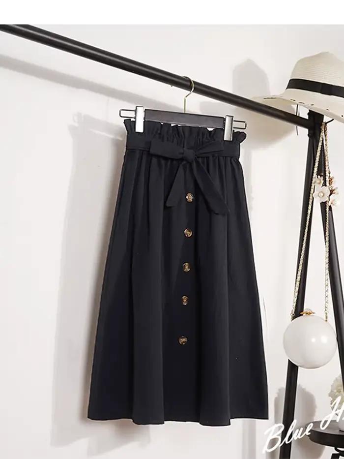 Jupes mi-longues pour femmes, longueur aux genoux, boutons élégants coréens, taille haute, jupe d'éc
