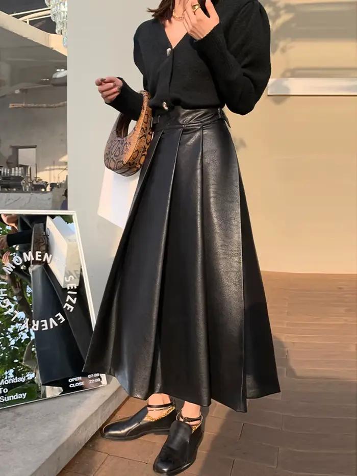 Lautaro-Jupe Mi-Longue Plissée en Faux Cuir pour Femme, Taille Haute, Noire, Souple, Ligne A, Mode C