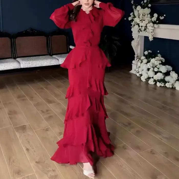Robe de soirée élégante à manches longues pour femmes, col rond, à volants superposés, décontractée,