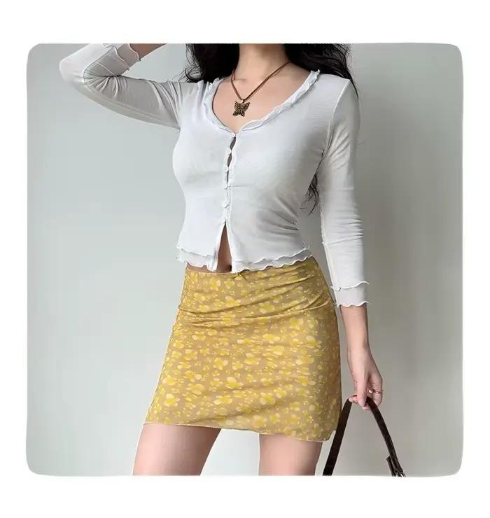 Jupe trapèze sexy rétro américaine jaune à imprimé papillon pour femme, collection été 2026