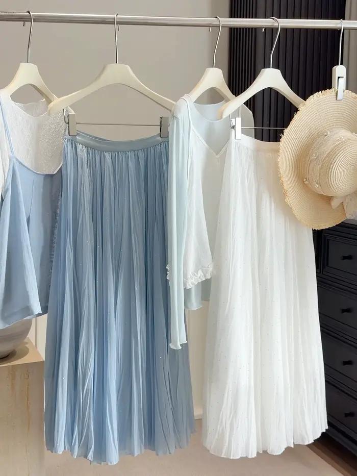 Jupe midi plissée en mousseline de soie avec strass pour femme, jupe trapèze printemps 2026