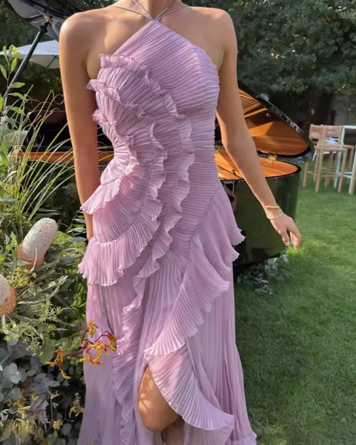 Robe longue asymétrique pour femme avec bretelles, sans manches, à volants, taille haute, dos nu – N
