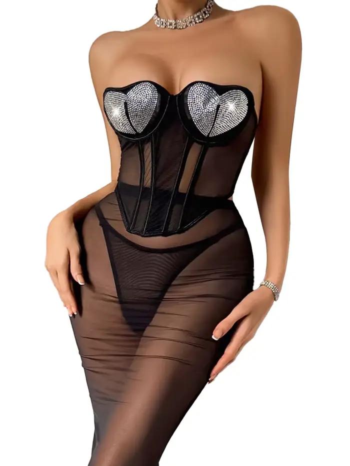 Jupe longue sirène noire Belamimi taille haute, effet diamant irisé, pour soirée et bal de promo, po