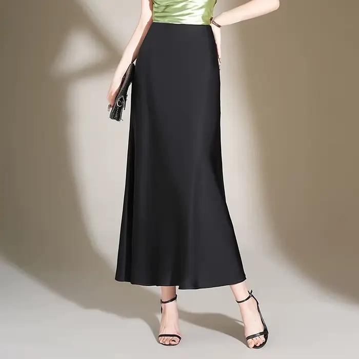 ZUZK-Jupe longue enveloppée de hanche en satin pour femme, mince, cool, vintage, tambour, bureau, ta