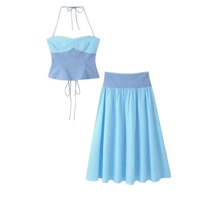 Ensemble jupe femme été rayé colorblock sexy dos nu hauts à lacets taille mi-haute jupe trapèze ferm