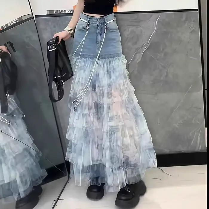 Jupe mini trapèze en jean tie-dye bleu pour femme, jupe à volants d'été tendance, jupe midi aminciss