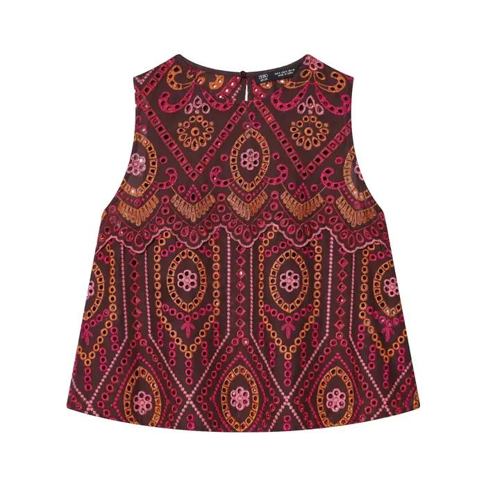 Ensembles élégants pour femmes : haut brodé à col rond sans manches et jupe midi évasée assortie, st