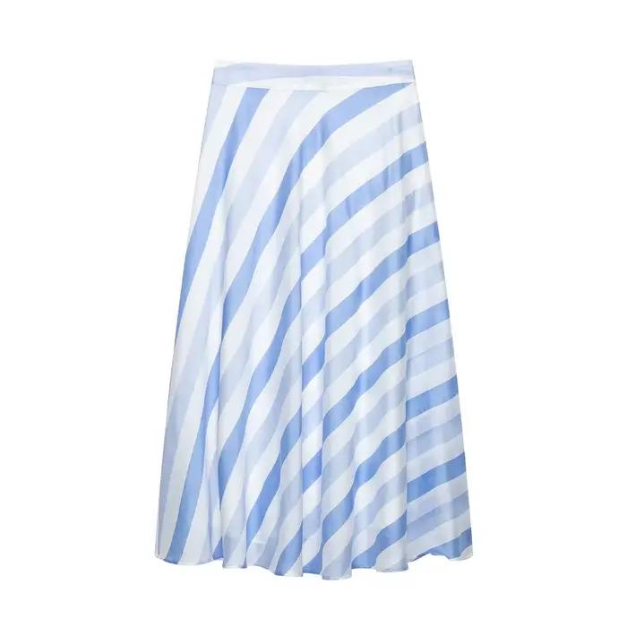 Jupe rayée bleue vintage TFMLN pour femme – Tendance estivale, taille haute, coupe trapèze, décontra