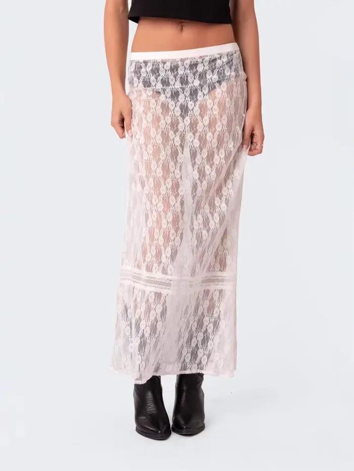 Jupe longue sexy en dentelle et résille transparente pour femme 2026, taille basse, coupe trapèze, s