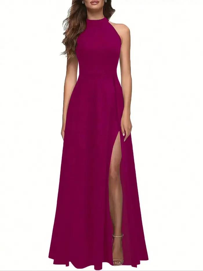 Robe de soirée longue unie à col montant et fente latérale pour femme - Robe de cérémonie élégante e