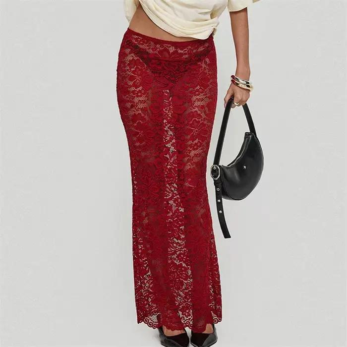 Jupe longue florale en dentelle transparente pour femmes, mode transparente, taille basse, moulante,